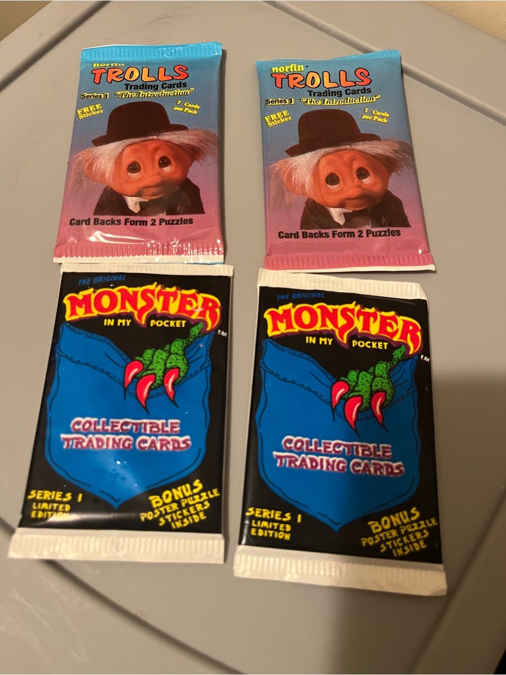 1992 Norfin Trolls & 1991 Monster in My Pocket Series 1, 4 Packs Trading Cards